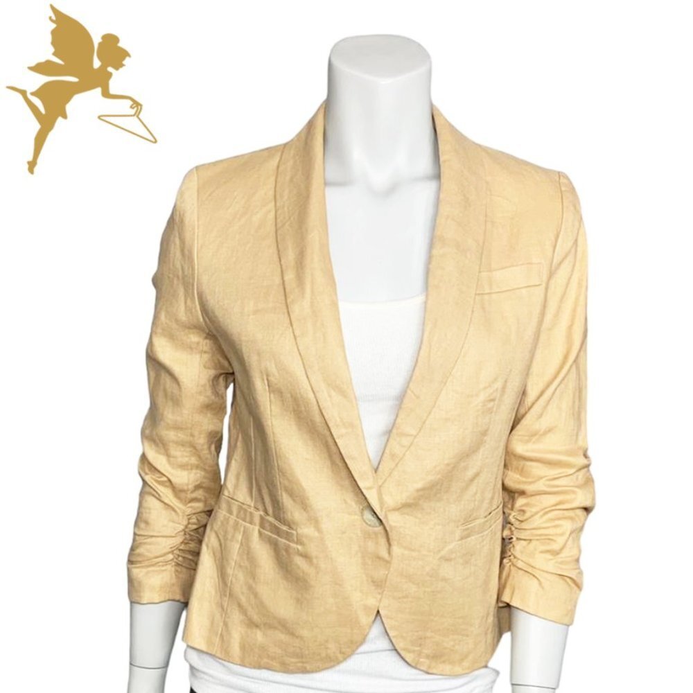 GIBSON Single Button Wheat Linen Blazer with Ruched Sleeves